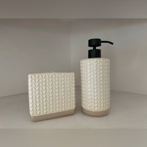 Ceramic hand soap dispenser and toothbrush holder, cream colored